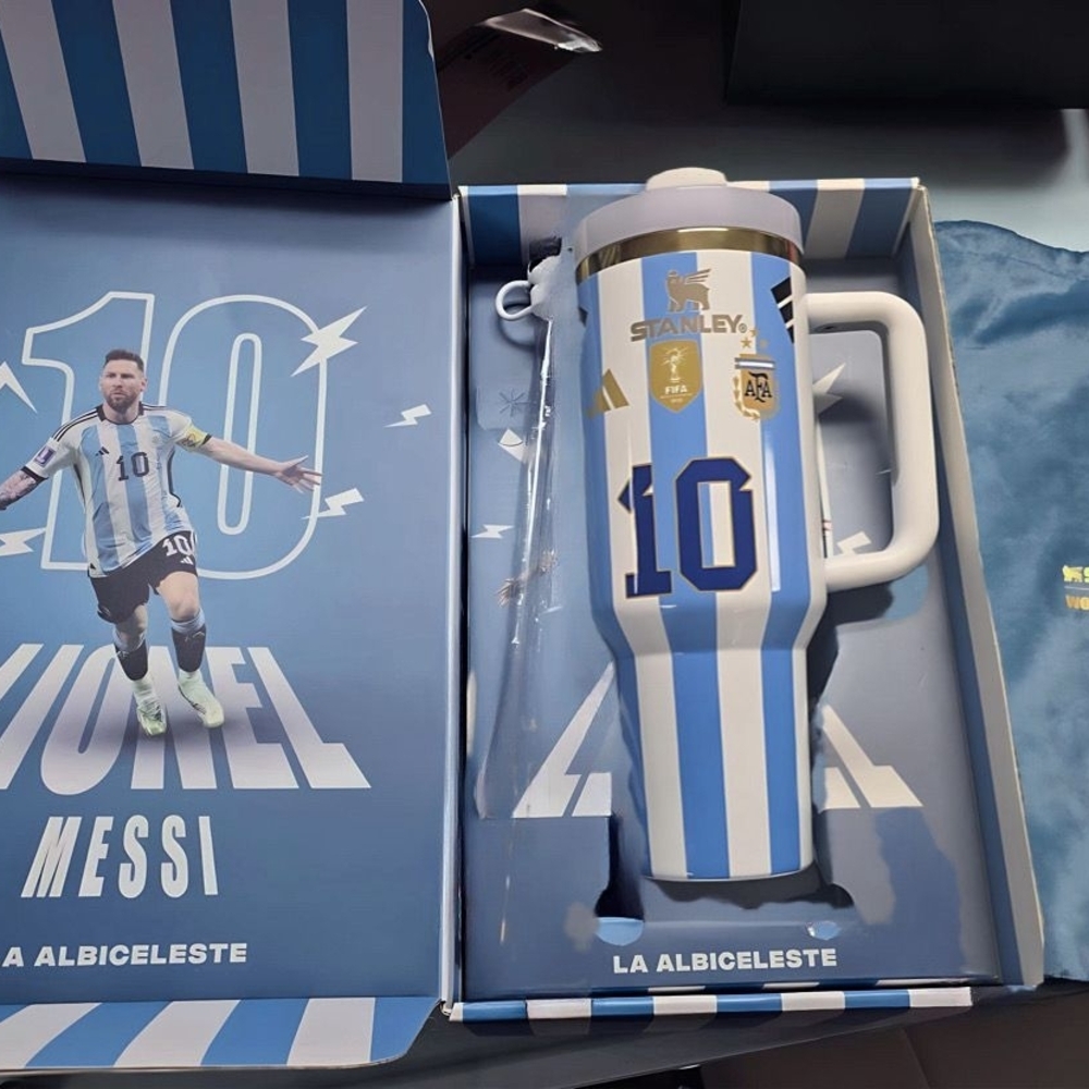 Stanley Striped Blue and White Tumbler with Gold Accents MESSI FIFA 2026